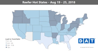 The combo of Labor Day and back-to-school season can lead to an especially big surge in reefer demand. This year that happened to coincide with late-summer harvests in the Upper Midwest, Pacific Northwest and parts of the Northeast.