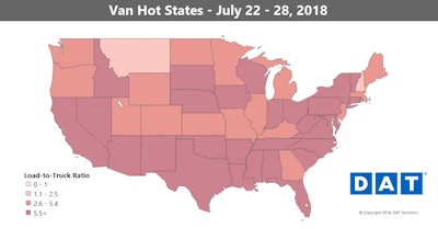 DAT’s map shows the load-to-truck ratio throughout the U.S., with darker shades signifying a higher load-to-truck ratio. The higher that ratio, the more upward pressure on rates, given the simply and demand imbalance. As has been typical of late, the southwest and southeastern parts of the country have a greater imbalance than other parts of the country, which now extends northward up the East Coast — the busy I-95 corridor.