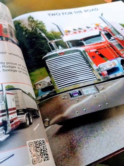 The QR is visible for this spread featuring Rodger Nelson of Saskatoon in Saskatchewan up North; Fiffie shot rolling footage with Nelson’s 2013 Peterbilt 389 and interviewed the owner-operator after the 2014 Shell SuperRigs show in Concord, N.C.
