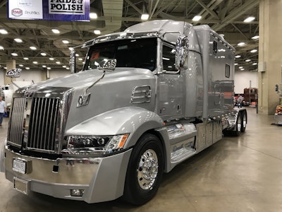 Vietnam veteran James Russell is showing his 2016 Western Star 5700XE, which features a 120-inch sleeper. He uses the rig to haul military munitions across the country.