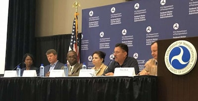 Six FMCSA representatives participated in a listening session Friday at GATS about autonomous trucks and technology. From left are: Selika Gore, senior advisor to the administrator; Jim Mullen, chief counsel; Larry Minor, associate administrator for policy; Colleen Coggins, acting chief information officer; including Ray Martinez, administrator; and Wiley Deck, director of governmental affairs.