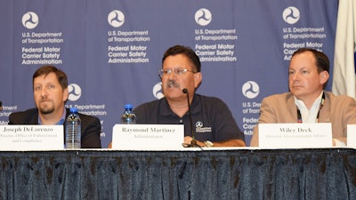 From left: FMCSA’s Joe DeLorenzo, director of compliance and enforcement; Ray Martinez, FMCSA’s Administrator; and Wiley Deck, FMCSA’s head of government affairs. Also at the table were Associate Administrator Larry Minor and FMCSA Chief Counsel Jim Mullen.