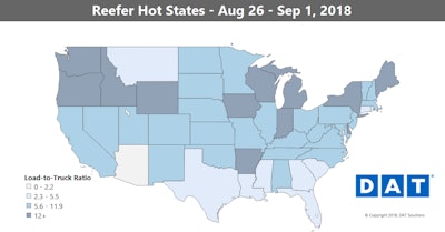 Last week’s reefer trends were largely a matter of latitude, with demand hotter in the northern band of states, while things were pretty quiet down south. This year’s apple crops are looking strong in the Northeast, Midwest and Pacific Northwest, which has led to some extremely tight reefer markets.