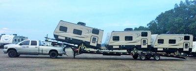 Yakym’s dually rig loaded with travel trailers.