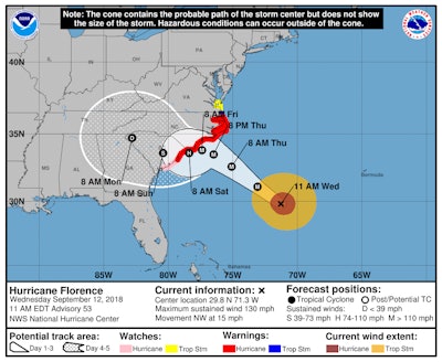 Hurricane conditions are expected to reach the coast within the hurricane warning area late Thursday or Friday. Winds are expected to first reach tropical storm strength during the day Thursday.