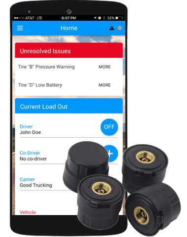 The wireless sensors screw onto the valve stem of each tire and send PSI, temperature, and battery level to the app. The system works on both Android and Apple devices using the free BIT ELD app and users are not required to have the BIT ELD to read tire pressures or perform DVIRs. Sensors costs around $20 apiece and a subscription is required for each at between $1 and $2 monthly, depending on service level.