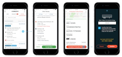 These screenshots from within the Convoy app offer a window into how its growing pool of trailers at shipper and receiver facilities within its customers’ networks presents to potential power-only contracted carriers using the app. Click through the image for a closer view.