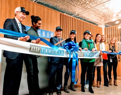 Shoaib Makani, KeepTruckin’s founder, cut the ribbon on a new Nashville, Tenn., office last week flanked by Tennessee Department of Economic and Community Development Commissioner Bob Rolfe (to Makani’s left) and Nashville Mayor David Briley (right) with members of the KeepTruckin team.