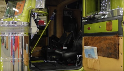 Cowhide and leather trim on the doors and elsewhere in the interior make up the western theme of Fuller’s rig.