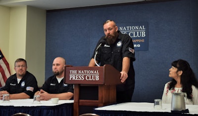 Reps from the relatively newly formed United States Transportation Alliance, with other groups and individual owner-operators (from right here: owner-ops Lori Franklin, Brian Brase, Mike Landis and Kevin Steichen), went so far as to stage a brief press conference at the National Press Club this morning after the long night staging the trucks. The event was streamed live to Facebook; however, it was attended by exactly one media property. (This picture was taken by Overdrive.) It’s a consistent issue when it comes to the trucking grassroots — amplifying the message beyond trade publications with a mainstream press that just doesn’t ever seem to get the drift.