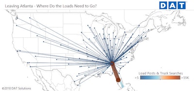 Most loads leaving Atlanta are bound for Florida | This map show load posts and truck searches by freight brokers originating in Atlanta in October 2018.