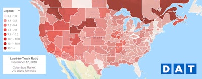 This Hot Market Map shows how the need for trucks in the West, where imports from Asia were coming into ports over the past several weeks, is moving east (the darker the red, the greater the load-to-truck ratio). Columbus, this week’s Market to Watch, stood at just 2 loads per truck with this snapshot. Watch to see how that changes as we approach Black Friday and the holidays. (Average rates in this report are derived from DAT RateView. DAT load boards overall average 1 million load posts per business day.)