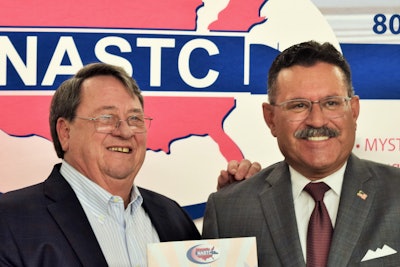 FMCSA Administrator Raymond Martinez (right, with NASTC President David Owen) delivered the opening night keynote November 1 at the association’s annual three-day conference in Nashville, Tenn.