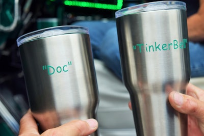 Daniel (Doc) and Phyllis (Tinkerbell) showed off these travel coffee mugs as proud evidence of connections made there — they were presented to the Snows by Jeremy Brannan and his son, Colton, after meeting and getting know them at the event in past years.