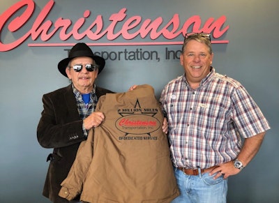 Paul Leicht (left) has been aiding in disaster relief since Hurricane Katrina struck the Gulf Coast in 2005. Most recently he has hauled supplies for Convoy of Hope to Houston after Hurricane Harvey in 2017 and to North Carolina after Hurricane Florence this year. He is shown with Barry McGowen, Christenson Transportation’s director of safety and maintenance.