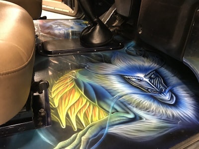 The truck’s interior features painted floors that keep up with the rest of the rig’s dragon theme, designed mostly by Susie Rodriquez.