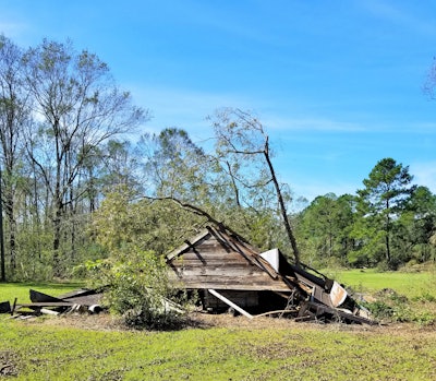 This outbuilding destruction is from the town of Donalsonville, which Philmon notes is 120 miles inland from where Hurricane Michael landed. Before “I got on FEMA” the Monday after the storm, he says, “I went to my grandparents’ farm to assess the damage. Our farm took a direct hit. The eye-wall came right over it.” Sustained winds there upward of 110 mph “hit with a force,” he adds. “Fortunately, there was no loss of life in the area.”