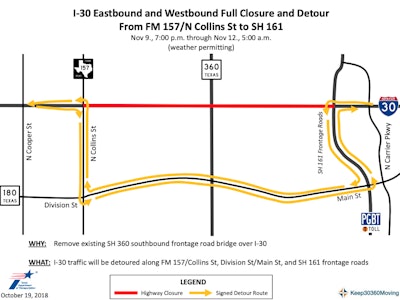I-30 in Arlington, Texas, will be closed this weekend in both directions for a construction project.