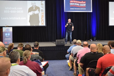 Trucking radio host Kevin Rutherford addresses an Overdrive’s Partners in Business audience at last year’s Great American Trucking Show.