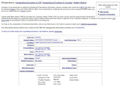 Note the line in blue, which refers Safer.gov users to the FMCSA’s Licensing and Insurance listing for the broker.