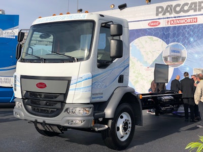 Peterbilt’s battery-powered Model 220EV has a 100-mile operating range. The truck is meant for urban applications like city delivery.