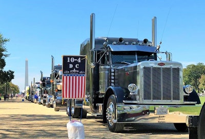 Oklahoma-based owner-operator Bryan Hutchens’ 1996 Peterbilt 379 parked on the National Mall during “That’s a Big 10-4 on D.C.” last October.