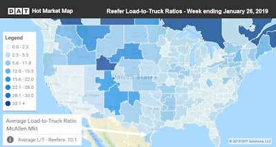 The McAllen, Texas, reefer market contains more than just U.S. areas thanks to the fertile Rio Grande Valley and growers on both sides of the U.S.-Mexico border. Food processing plants and cold storage facilities abound in the McAllen market, which includes nearby Pharr and Brownsville.