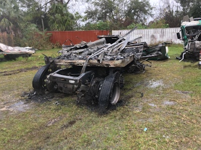 A Florida Highway Patrol photo shows the remains of one of two tractor-trailers involved in the fiery accident last week near Gainesville, Fla.