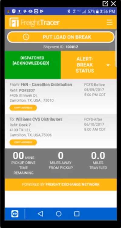 This active-load screenshot from within the FreightTracer driver app (Android and iOS), companion to the overall system, shows a key element of the service, the ability via the top button here for the driver to pause the track when on break to alert the back office and/or brokers utilizing the service in partnership that he/she is off-duty. For a carrier, FreightTracer use with direct customers and drivers comes with a $19.99 monthly service fee per truck.