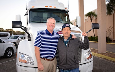 Landstar owner-operator Rosemberg Villarreal (right) won this 2019 Peterbilt 579 UltraLoft as part of the Landstar “Deliver to Win Truck Giveaway.” He is shown with Landstar President and CEO Jim Gattoni.