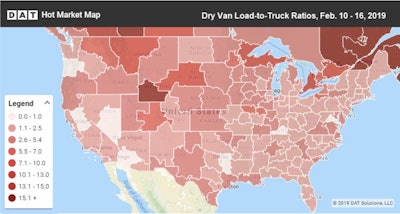 The van load-to-truck ratio rose 3.5 percent to 4.8 loads per truck. Demand seems poised to rebound, says DAT, and spot market rates may have hit bottom for the season.