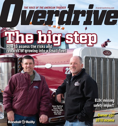 Pictured here on the cover of the March edition of Overdrive with this story are owner Dave Marti (right) and driver Dan Fehr of Dave Marti Trucking, leased to Transport Services of Sullivan, Ill., hauling fuel. Hear a podcast featuring an interview with Marti via this link to a recent-past Overdrive Radio episode.