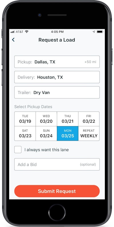 The Request a Load screen on Convoy’s carrier app, where owner-ops can enter rate and lane preference information and, the company notes, set themselves up to make future automated bids at requested rates by checking the “I always want this lane” box shown.