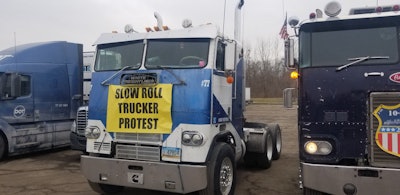 This photo was posted to Twitter by one of the protest’s organizers, Todd Campbell. It was operated by Scott Reed, another organizer, who operated the truck as the convoy’s lead rig.