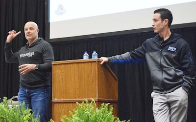 Brent Hutto (left), chief relationship officer at Truckstop.com, and Tyler Johnston (right), a broker for Mercer Transportation.
