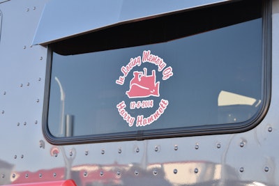 The rear window features a sticker honoring Kaleb’s grandfather, Harry.
