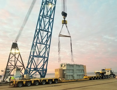 The move was permitted at a gross weight of 423,430 lbs. and “rough outline dimensions,” says operations manager Josh Sohler, of 130 feet in length, 11’4” wide and 15’3” high.