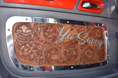 New to the truck are the custom tooled leather panels throughout the interior, each with nods to Kaleb Hammett’s grandfather, Harry.