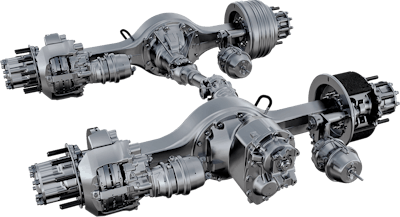 Meritor’s 14X HE rear axle targets linehaul customers seeking fuel efficiency and has superfast ratios down to 2.15 for aggressive downspeeding. It offers an 1,850 lb.-ft. torque rating and an 80,000-lb. GCW rating.