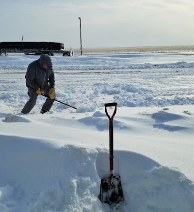 There was still plenty of shoveling yet left on Friday, Ater says — he took the picture here while catching his breath as Mitchell shoveled on, before the pair took three hours to venture 100 miles north toward their destination in still-quite-difficult conditions. Hear his full telling of the story in the podcast, and if you’re through the area around The Junction in Blunt, stop in and have a burger, he adds. You won’t regret it.