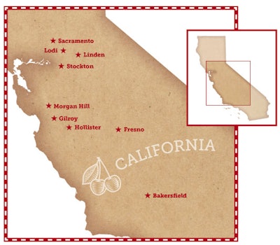 The location of major cherry producers in California, where farmers expect a record harvest this year. Source: California Cherries