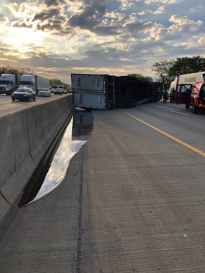 Honey and diesel spilled onto the interstate as a result of the rollover.