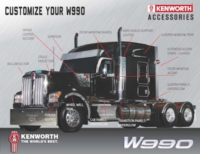 Kenworth has added more than 80 chrome and lighting options, along with more than 430 bumper options to the new W990 tractor.