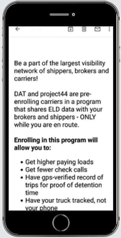 This email solicitation touts a tracking integration with the DAT load board. Given Project44’s far-reaching tracking technology in different transportation modes, including across the Atlantic, the trucker who forwarded the email to Overdrive wondered whether this represented some kind of “new world order” for spot market freight.