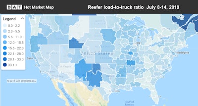 Reefer load-to-truck ratios fell last week in key agricultural markets, including Texas, Arizona, and California. Darker shades indicate more load posts compared to truck posts.