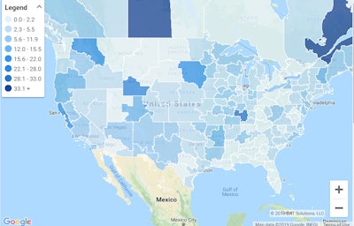 Reefer load counts are up in California. Last Friday, the load-to-truck ratio hit 20.4 in the San Francisco market, which includes Watsonville and Salinas. Darker shades indicate more load posts compared to truck posts.