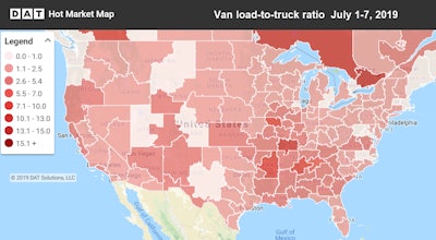 The national spot van load-to-truck ratio slipped to 2.0 last week due to the July 4 holiday, but rates looked stronger. On the map, darker shaded areas indicate areas of higher demand according to the ratio.