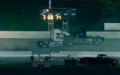 Darren Proffitt (27) and Scott Treadway (4) collided head-on in a crash on the first lap of the race. Both drivers were uninjured, but their trucks were done for the night.