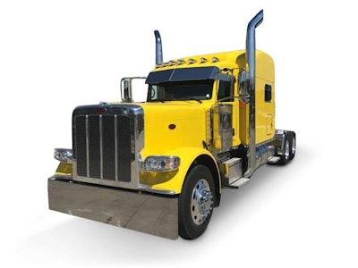 This Peterbilt 389 is powered by a 565-hp Cummins X15 with an Eaton 18-speed and sits on a 290-inch wheelbase with a 78-inch sleeper. It features Platinum interior, 8-inch stacks, a drop visor, 22-inch custom bumper and more.