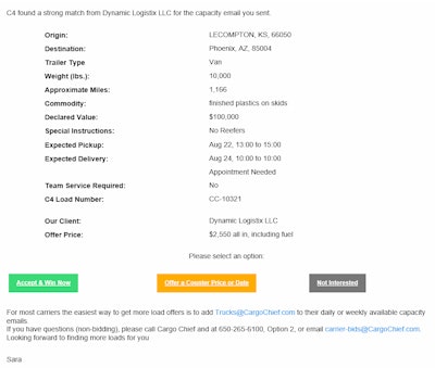 This example email to a carrier with a load offer illustrates how brokers’ use of the C4 system can present to carriers on the other end.
